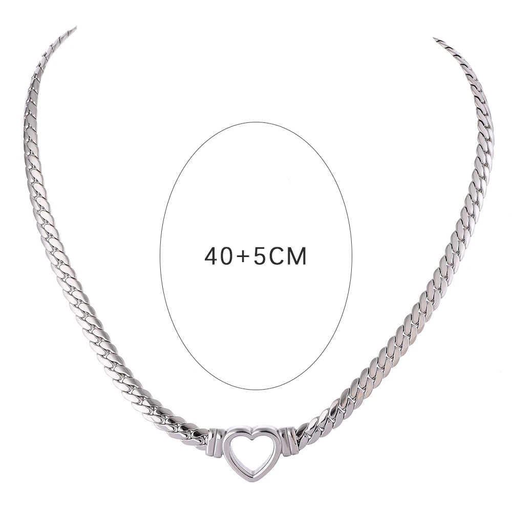 Yhpup Heart Chain Necklace Stainless Steel for Women Fashion Metal Texture Flat Collar Waterproof Necklace Girlfriend Gift - YDKM