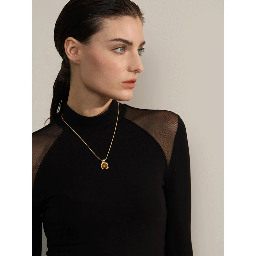 Yhpup High Quality Natural Tiger Stone Square Pendant Necklace Rust Proof Gold Color Fashion Collar Versatile Jewelry Gift - YDKM