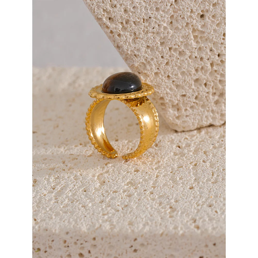 Yhpup Stainless Steel Wide Chunky Ring Inlaid Tiger Natural Stone Jewelry Trend Europe Bijoux Vintage Stylish Statement - YDKM