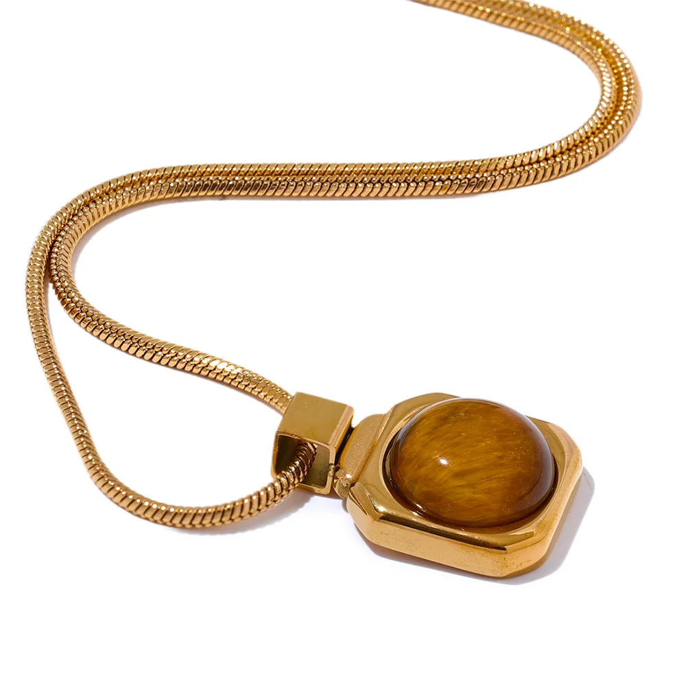 Yhpup High Quality Natural Tiger Stone Square Pendant Necklace Rust Proof Gold Color Fashion Collar Versatile Jewelry Gift - YDKM