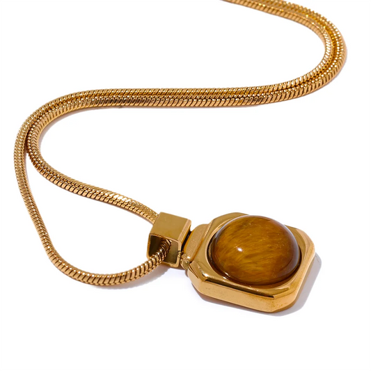 Yhpup High Quality Natural Tiger Stone Square Pendant Necklace Rust Proof Gold Color Fashion Collar Versatile Jewelry Gift - YDKM