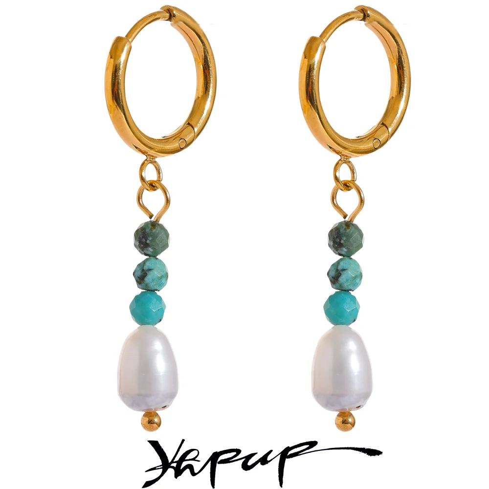 Yhpup Exquisite Stainless Steel Natural Stone Freshwater Pearl Bead Drop Hoop Earrings Fashion Daily Handmade Jewelry Bijoux - YDKM