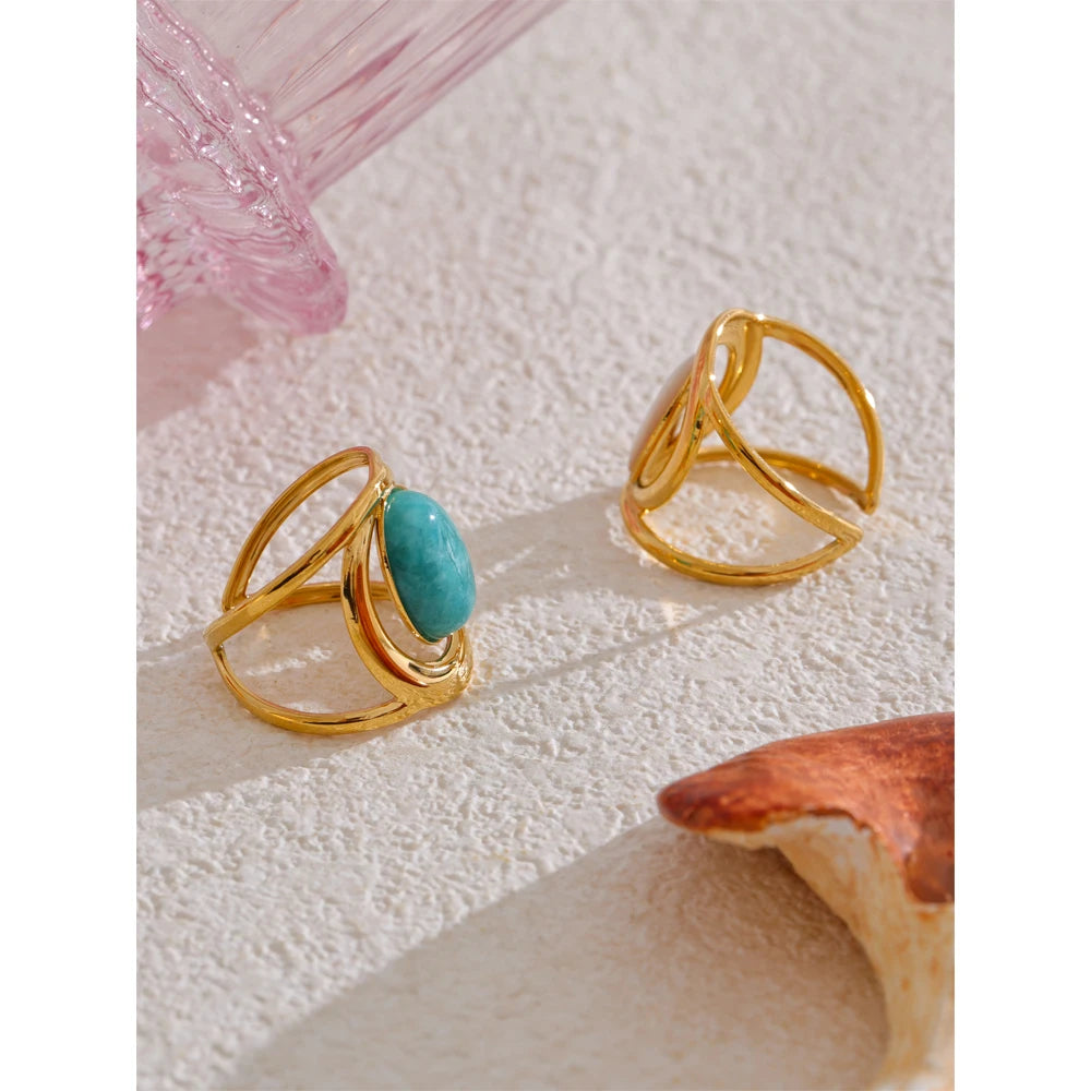 Yhpup Exquisite Natural Stone Open Adjustable Ring Glossy Stainless Steel PVD Plated Arrivals Jewelry Recommend 2025 - YDKM