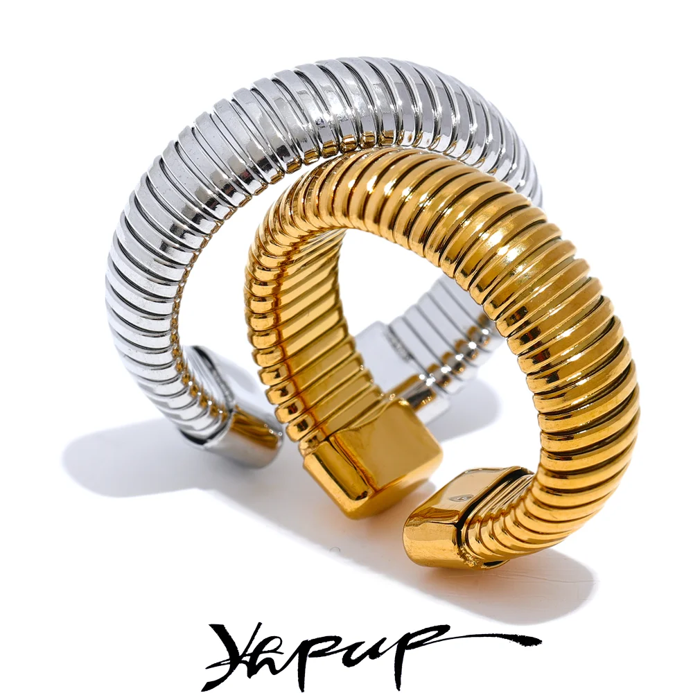 Yhpup Fashion Stainless Steel Round Elastic Open Ring Minimalist 18K PVD Plated Metal Classic Texture Jewelry Anillo Bijoux - YDKM