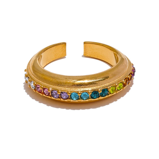 Yhpup Colorful White Cubic Zirconia Stainless Steel Fashion Open Ring Non-adjustable Golden Jewelry Water Resistant New - YDKM