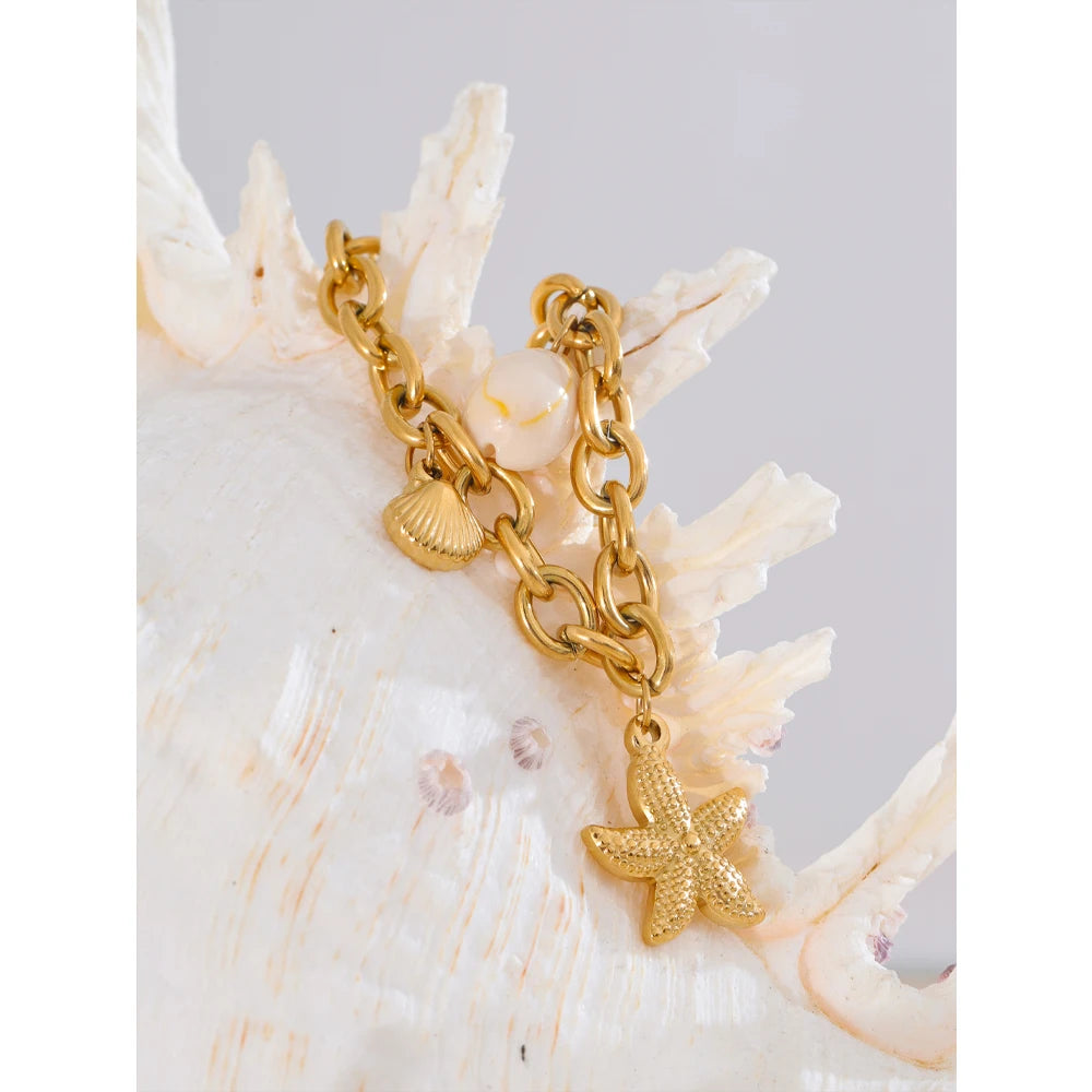 Yhpup Stainless Steel 18K Gold PVD Plated Metal Chain Waterproof Ocean Pendant Charm Starfish Shell Accessories Holiday Jewelry - YDKM