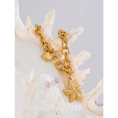 Yhpup Stainless Steel 18K Gold PVD Plated Metal Chain Waterproof Ocean Pendant Charm Starfish Shell Accessories Holiday Jewelry - YDKM
