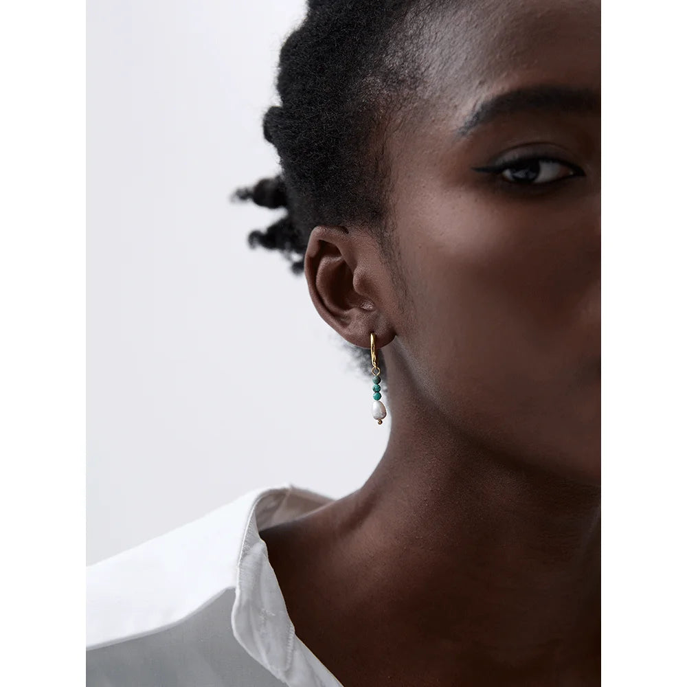 Yhpup Exquisite Stainless Steel Natural Stone Freshwater Pearl Bead Drop Hoop Earrings Fashion Daily Handmade Jewelry Bijoux - YDKM