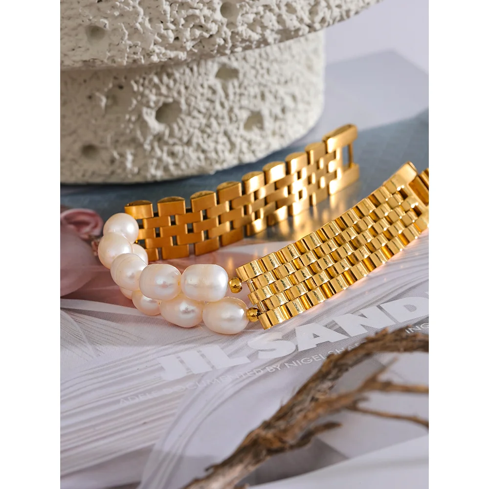 Yhpup Luxury Natural Pearls Cuban Chain 316L Stainless Steel Bracelet Bangle High Quality Women Gold Color Premium Jewelry Gift - YDKM