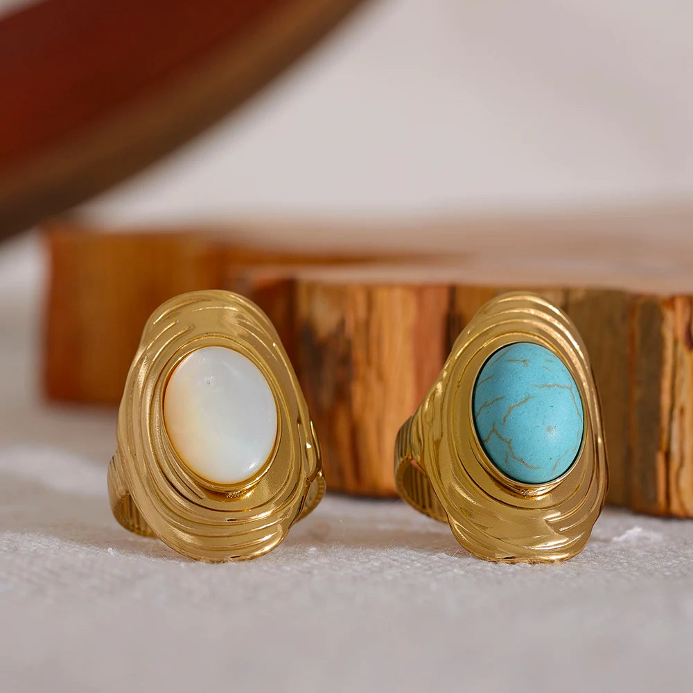 Yhpup Stainless Steel Natural Stone Pink Green Turquoise Hyperbolic Ring Women Bohemian Stylish Adjustable Big Summer Jewelry - YDKM