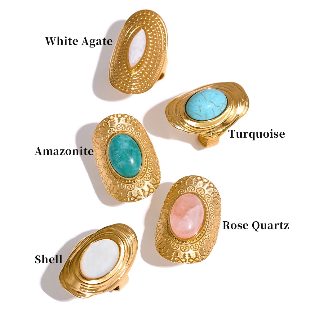 Yhpup Stainless Steel Natural Stone Pink Green Turquoise Hyperbolic Ring Women Bohemian Stylish Adjustable Big Summer Jewelry - YDKM