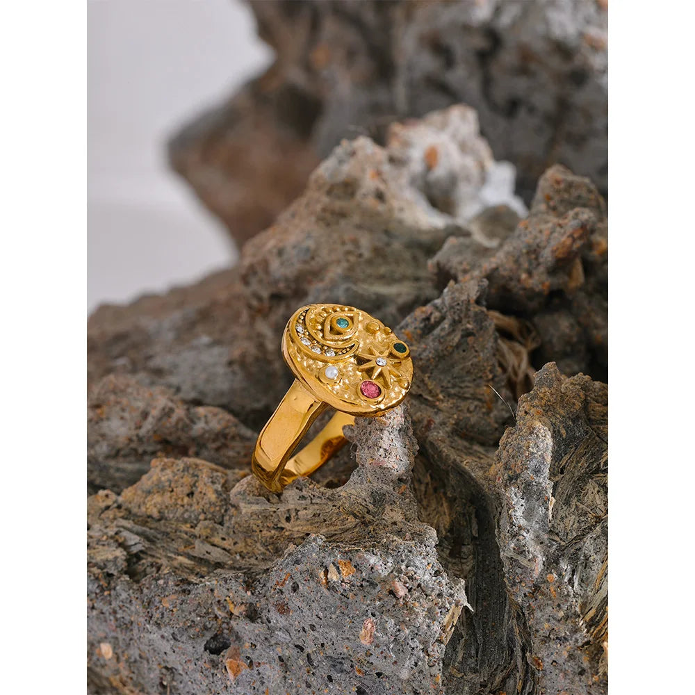 Yhpup Stainless Steel Star Moon Eye Charms Ring Colorful CZ Zirconia 18K Gold Color High Quality Celestial Jewelry Women Gala - YDKM