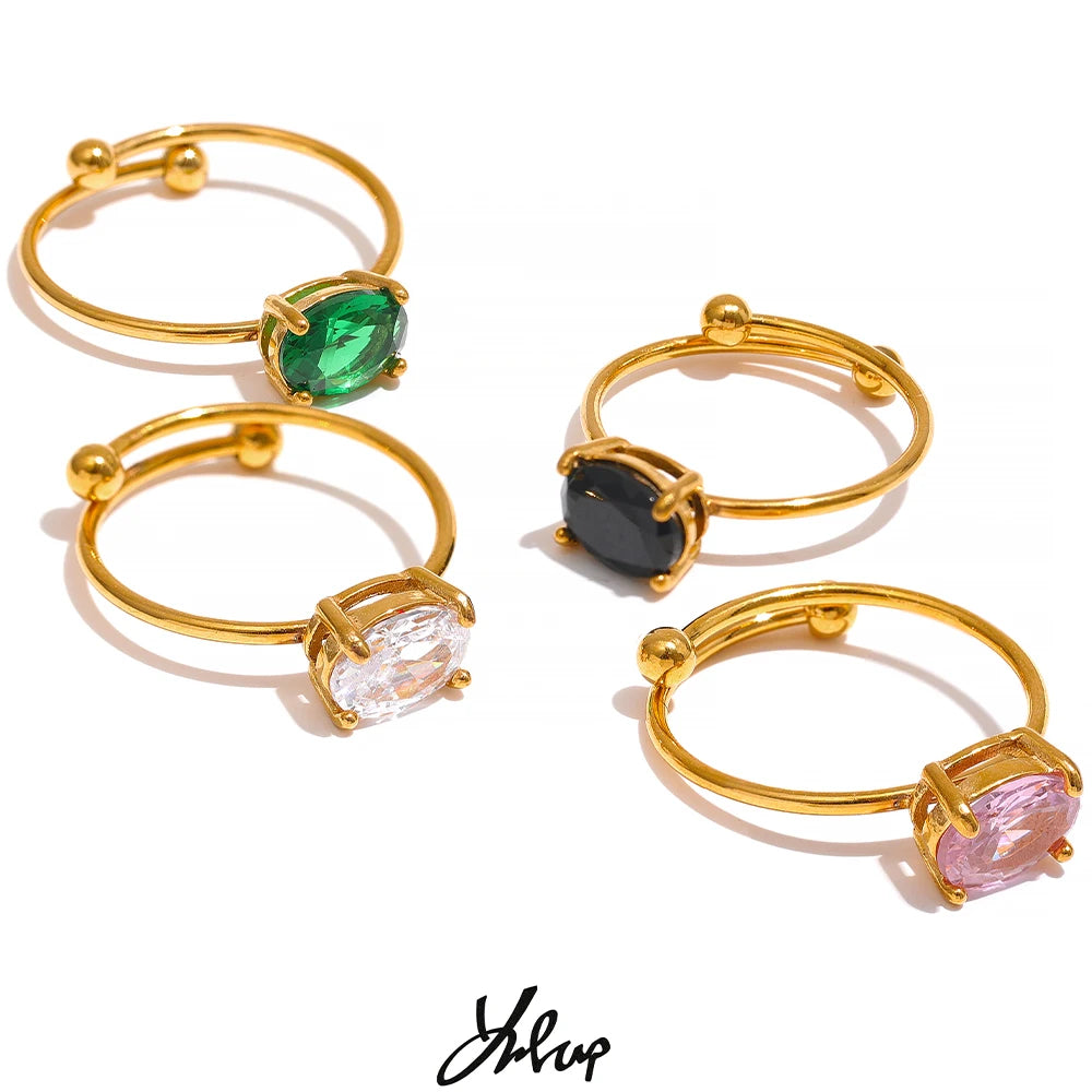 Yhpup Tarnish Free Chic White Green Cubic Zirconia Adjustable Stainless Steel Ring 18k Gold Plated Finger Jewelry Korean Women - YDKM