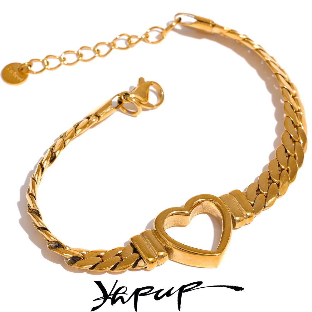 Yhpup (Wrist over 40mm fit this style) High Quality Love Heart Cuban Chain Stainless Steel Metal Bracelet Waterproof Jewelry - YDKM