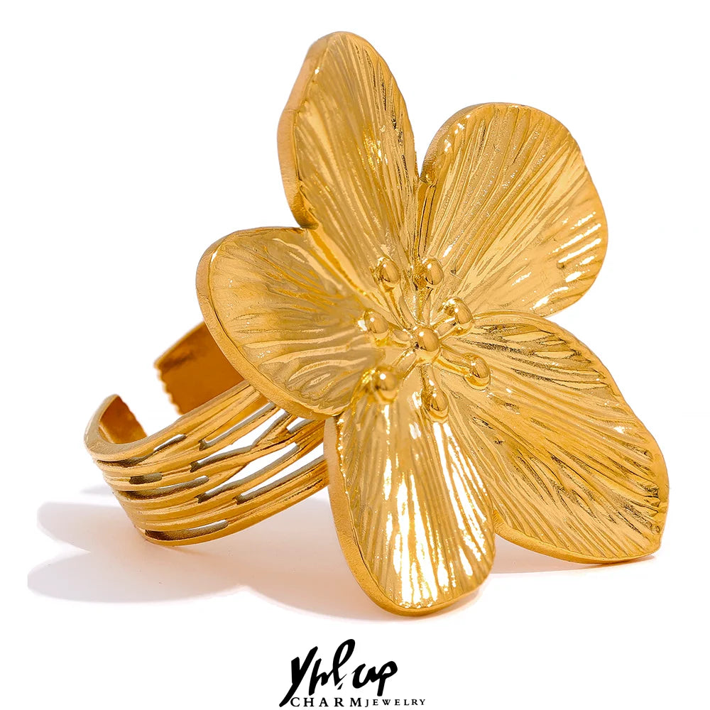Yhpup Waterproof 18K Gold Color Stainless Steel Flower Big Open Ring for Women Trendy Fashion Party Summer Statement Jewelry - YDKM
