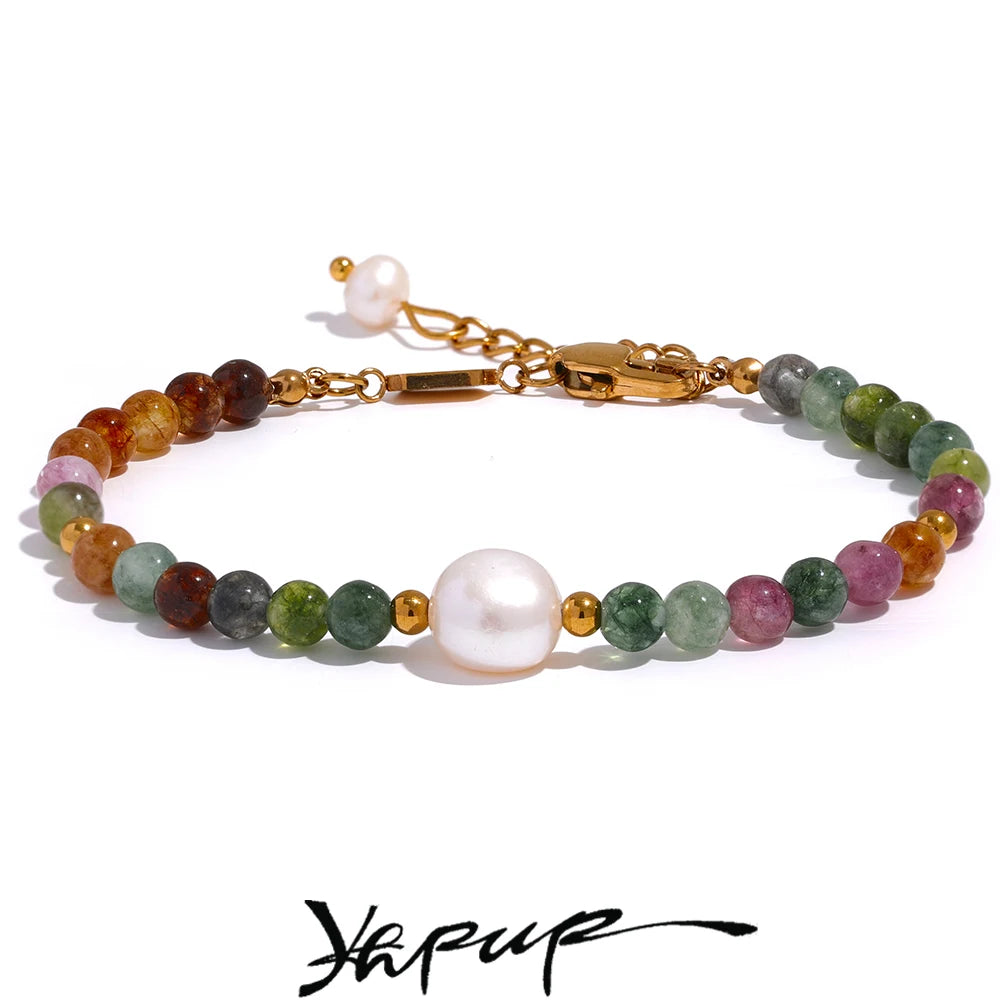 Yhpup Natural Tourmaline Stone Pearl Fashion Colorful Bead Bracelet Bangle for Women Mother Gift Healing Charm Jewelry Wholesale - YDKM