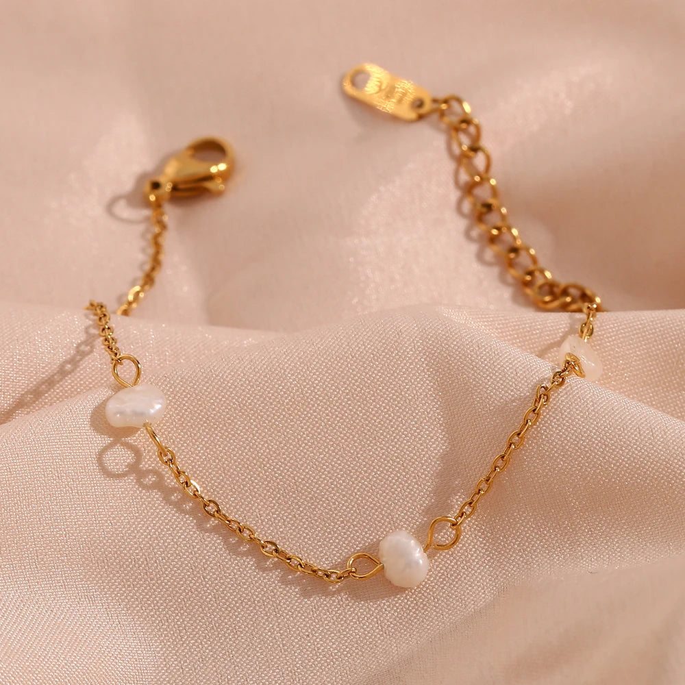 E.B.belle Anti-allergy Stainless Steel Chain Freshwater Pearl Chain Necklace Bracelets For Women Gold Plated Jewelry Set - YDKM