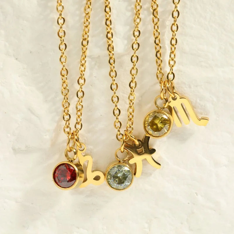 Stainless Steel 12 Constellation Birthstone Pendant Necklace For Women Zodiac Sign Lucky Birthstone Zircon Necklace Jewelry Gift - YDKM