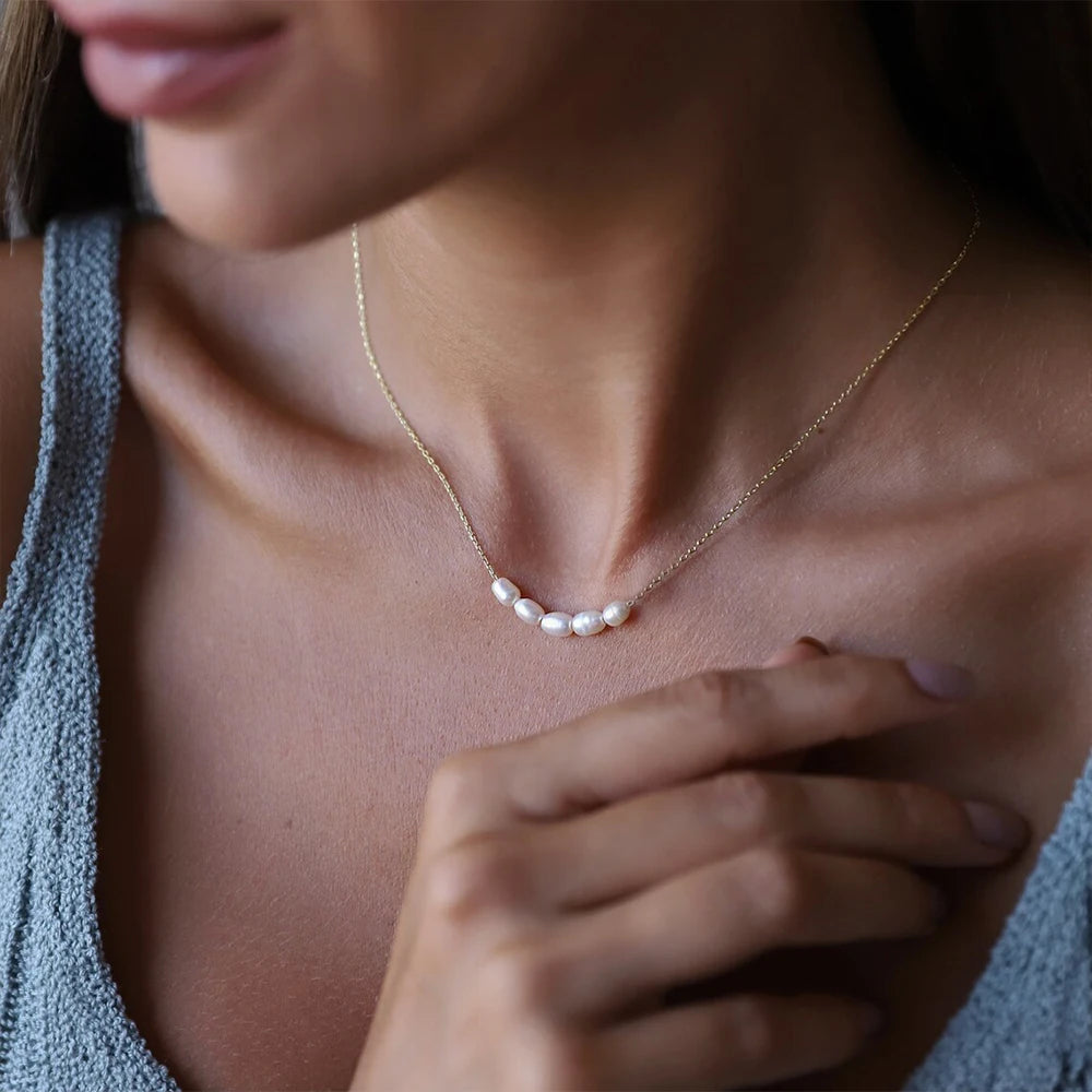 eManco Hot Simple 5 Create Pearls Choker Necklaces Wedding Bride Jewelry Women's Gold Color Chocker Necklace Female Party Gift - YDKM