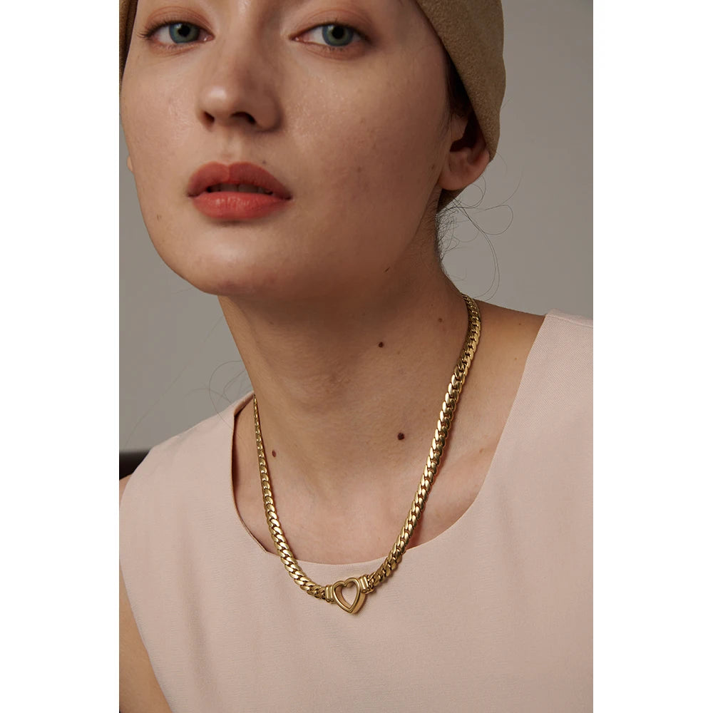Yhpup Heart Chain Necklace Stainless Steel for Women Fashion Metal Texture Flat Collar Waterproof Necklace Girlfriend Gift - YDKM