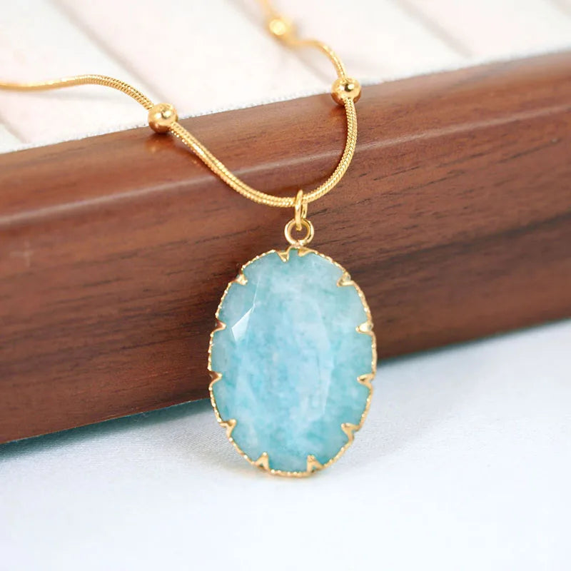 Green pink oval big stone pendant necklaces stainless steel necklaces for women summer holiday waterproof jewelry 2024new in - YDKM