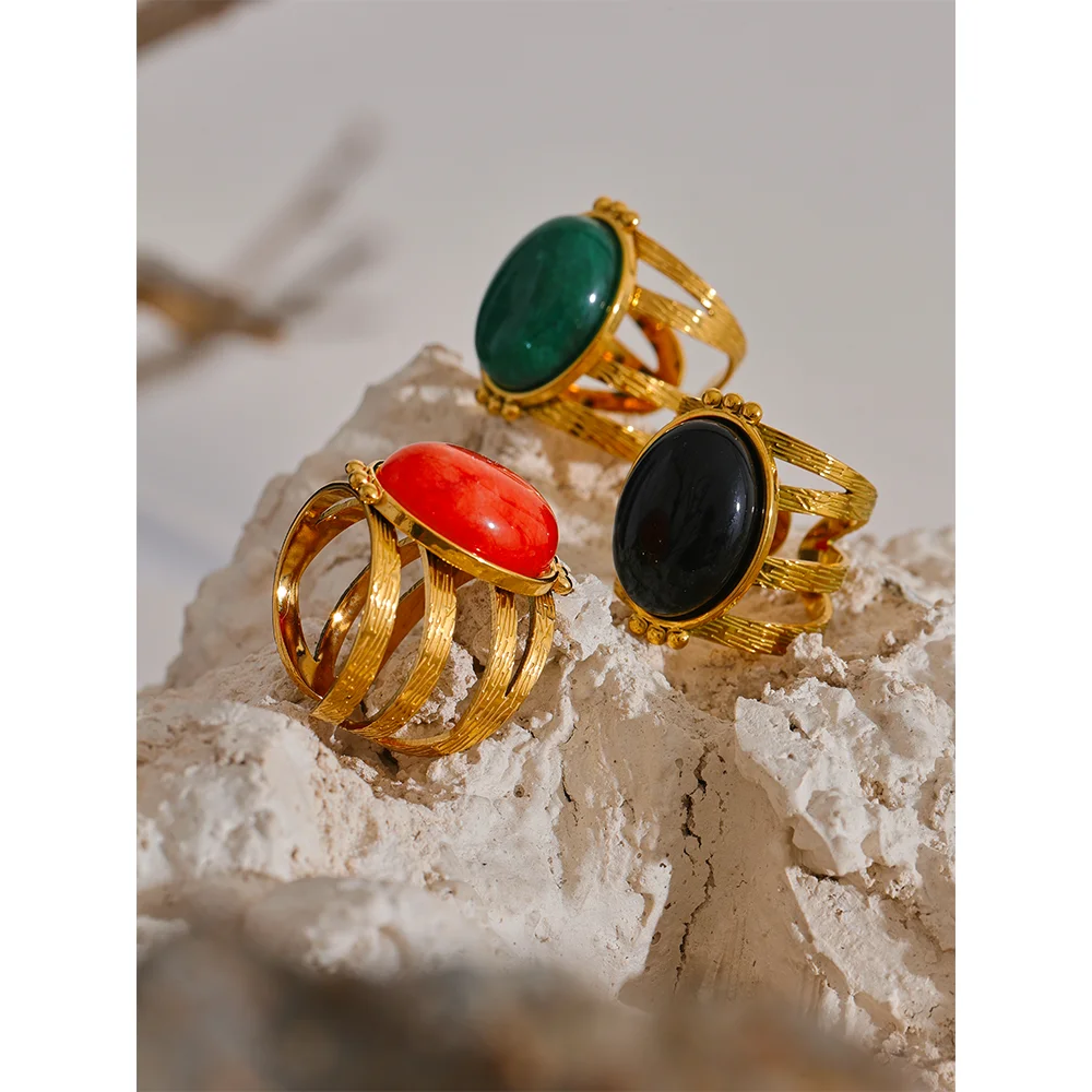 Yhpup Red Black Green Stone Stainless Steel Open Adjustable Popular Fashion Ring Gold Plated Waterproof Women Jewelry Gala Gift - YDKM
