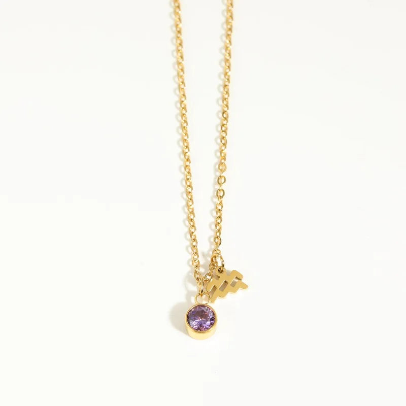 Stainless Steel 12 Constellation Birthstone Pendant Necklace For Women Zodiac Sign Lucky Birthstone Zircon Necklace Jewelry Gift - YDKM