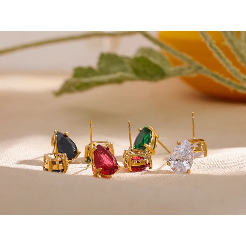 Yhpup Shinny AAA Cubic Zirconia Stainless Steel Water Drop Stud Earrings Women 18k Gold Plated Waterproof Fashion Bling Jewelry - YDKM