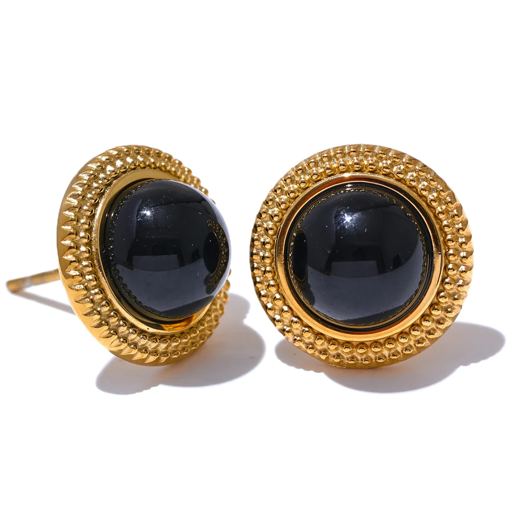 Yhpup Exquisite Natural Stone Stainless Steel Round Small Stud Earrings Waterproof Trendy High Quality Daily Jewelry Bijoux - YDKM