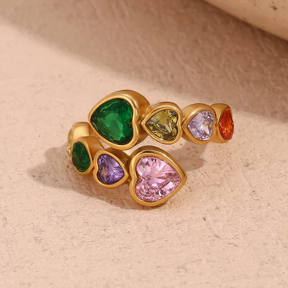 E.B.belle Open Heart Zircon Ring Colorful Hypoallergenic 316L Stainless Steel Decoration 18K Gold Plated Jewelry - YDKM