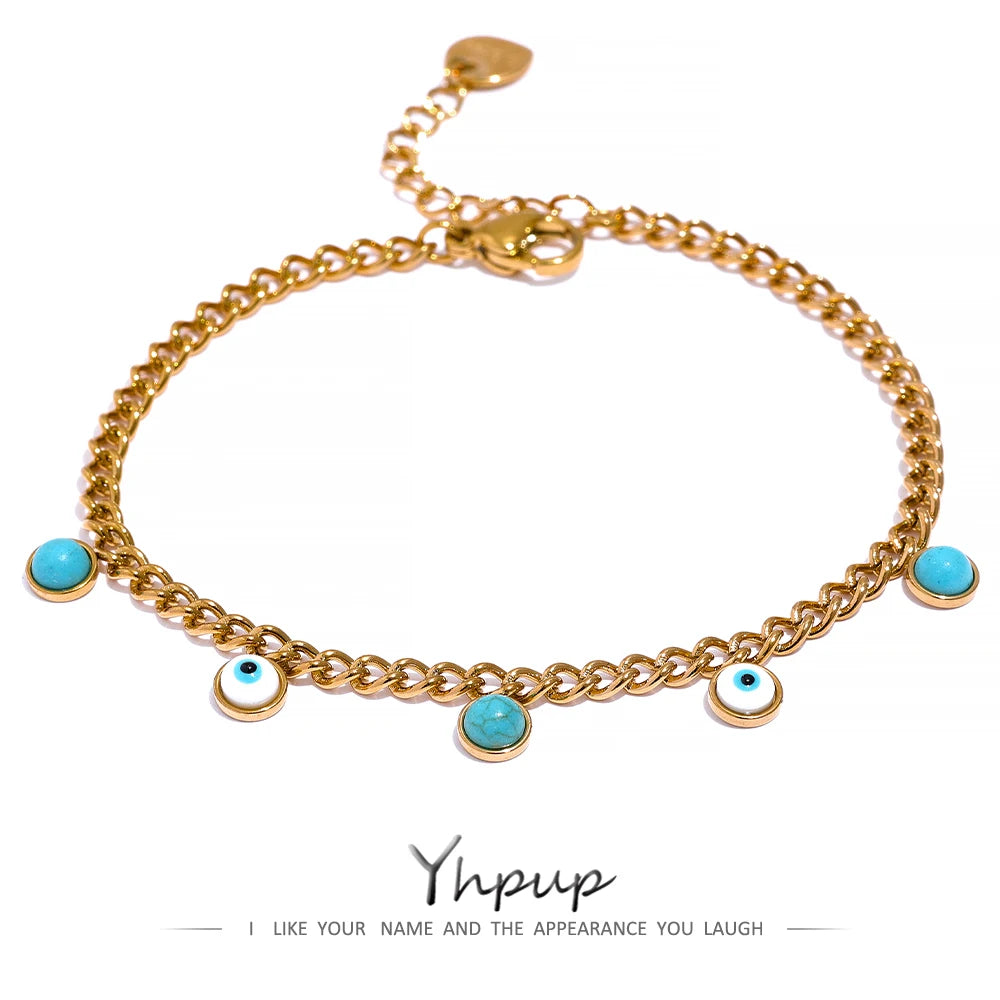 Yhpup Stainless Steel Turquoise Stone Resin Eye Charm Fashion Bracelet Bangle Golden Daily Trendy Jewelry for Female Браслет - YDKM