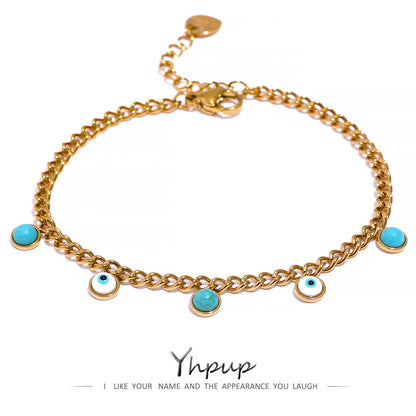 Yhpup Stainless Steel Turquoise Stone Resin Eye Charm Fashion Bracelet Bangle Golden Daily Trendy Jewelry for Female Браслет - YDKM