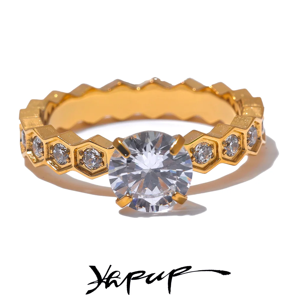 Yhpup Luxury AAA Bling Cubic Zirconia Classic Ring 2024 Stainless Steel CZ 18k Gold PVD Plated Fashion Exquisite Jewelry Gift - YDKM