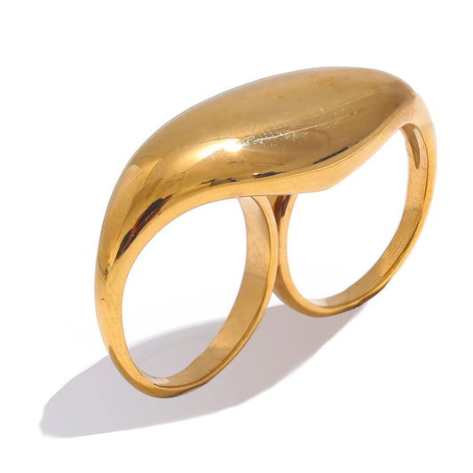 Yhpup 2024 Stainless Steel Metal Double Finger Geometric Ring Personality Rust Proof Attractive Big Exaggerated Jewelry Gift - YDKM