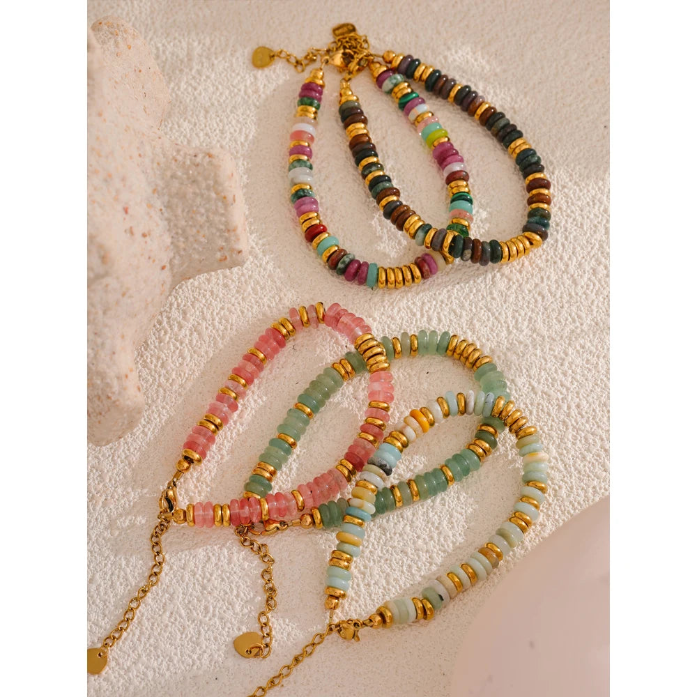 Yhpup Colorful Natural Stone Beads Chain Handmade Bracelet Bangle Waterproof Bohemia Stainless Steel Y2K Trendy Jewelry Gift - YDKM