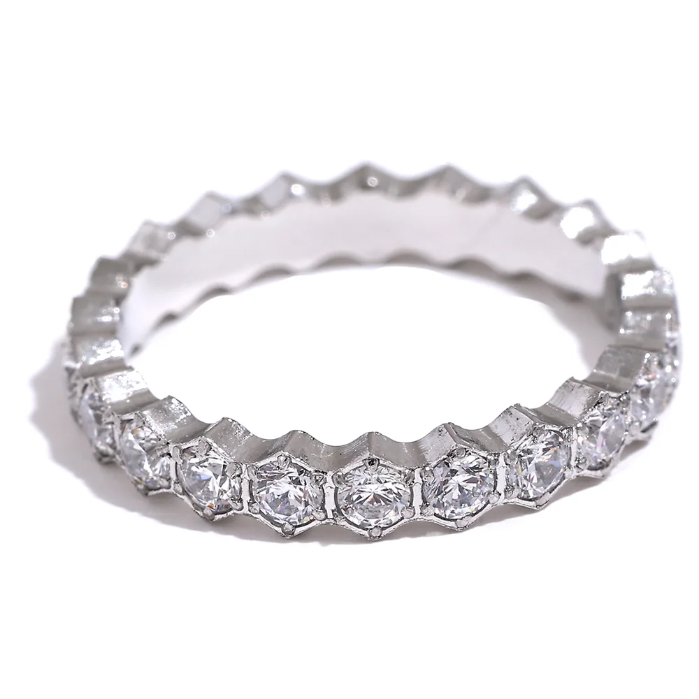 Yhpup Exquisite White Cubic Zirconia Bling Stainless Steel Classic Thin Chic Ring Luxury Engagement Wedding Fashion Jewelry Gift - YDKM