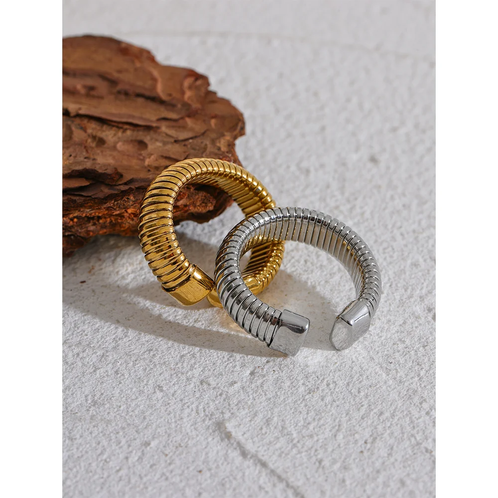 Yhpup Fashion Stainless Steel Round Elastic Open Ring Minimalist 18K PVD Plated Metal Classic Texture Jewelry Anillo Bijoux - YDKM