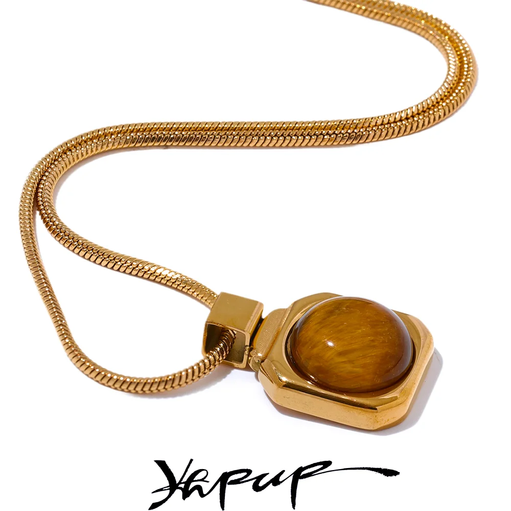 Yhpup High Quality Natural Tiger Stone Square Pendant Necklace Rust Proof Gold Color Fashion Collar Versatile Jewelry Gift - YDKM