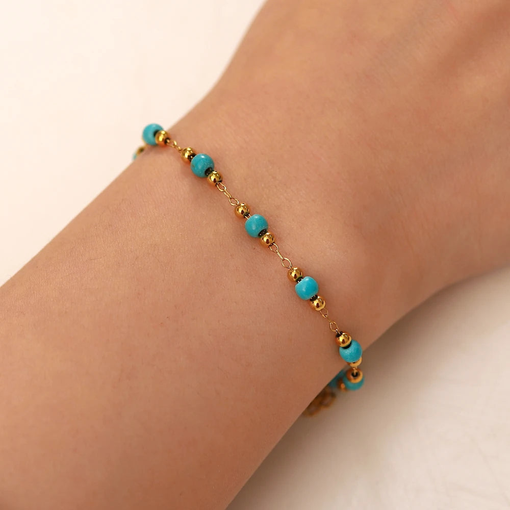 Youthway Fashion Turquoise Stainless Steel 18K Gold Pvd Plated Adjustable Bracelet Waterproof Jewelry Women Gift - YDKM