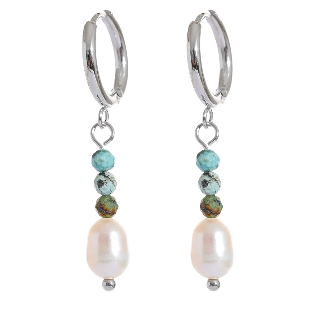 Yhpup Exquisite Stainless Steel Natural Stone Freshwater Pearl Bead Drop Hoop Earrings Fashion Daily Handmade Jewelry Bijoux - YDKM