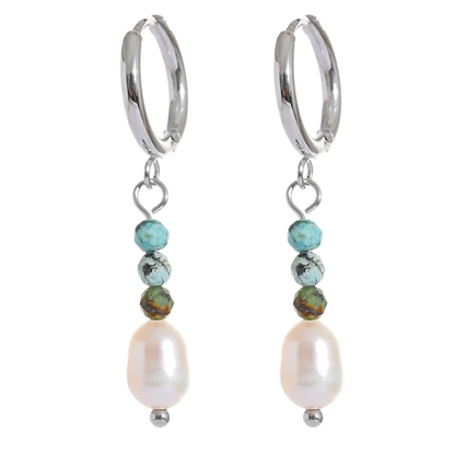 Yhpup Exquisite Stainless Steel Natural Stone Freshwater Pearl Bead Drop Hoop Earrings Fashion Daily Handmade Jewelry Bijoux - YDKM