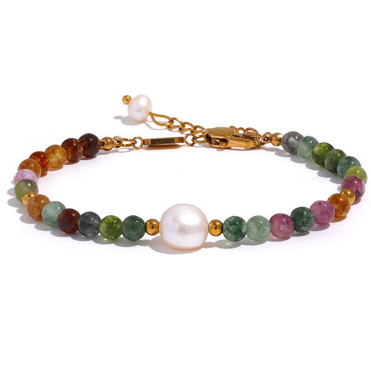 Yhpup Natural Tourmaline Stone Pearl Fashion Colorful Bead Bracelet Bangle for Women Mother Gift Healing Charm Jewelry Wholesale - YDKM