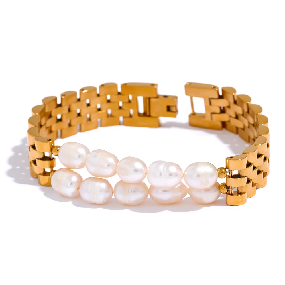 Yhpup Luxury Natural Pearls Cuban Chain 316L Stainless Steel Bracelet Bangle High Quality Women Gold Color Premium Jewelry Gift - YDKM