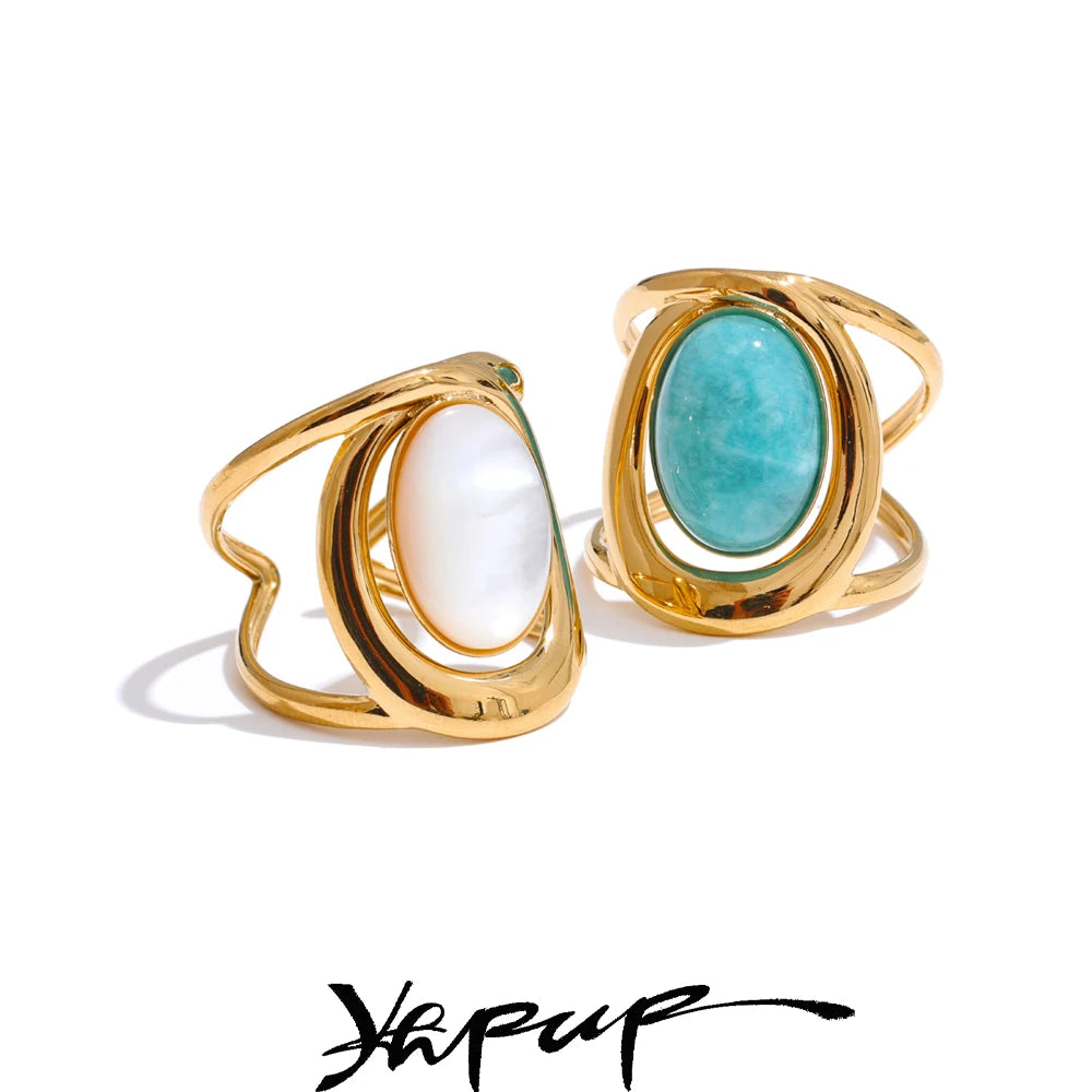 Yhpup Exquisite Natural Stone Open Adjustable Ring Glossy Stainless Steel PVD Plated Arrivals Jewelry Recommend 2025 - YDKM