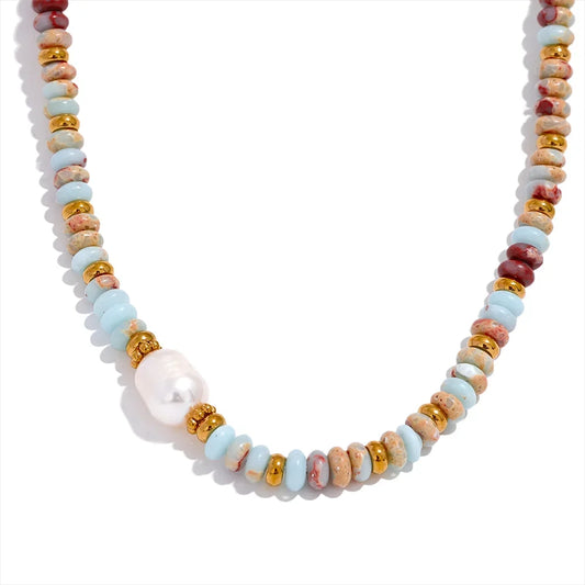 Yhpup Trendy Natural Stone Freshwater Pearl Collar Chain Necklace Stainless Steel Handmade Stylish Beads Jewelry Bijoux Gift - YDKM