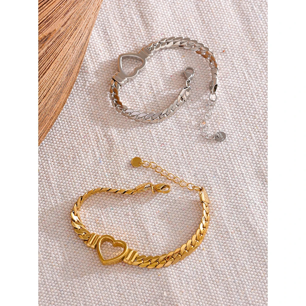 Yhpup (Wrist over 40mm fit this style) High Quality Love Heart Cuban Chain Stainless Steel Metal Bracelet Waterproof Jewelry - YDKM