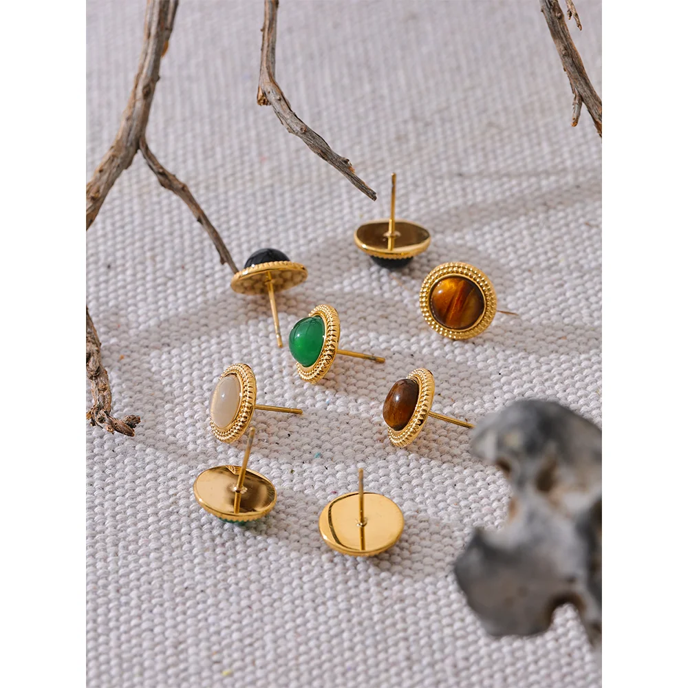 Yhpup Exquisite Natural Stone Stainless Steel Round Small Stud Earrings Waterproof Trendy High Quality Daily Jewelry Bijoux - YDKM
