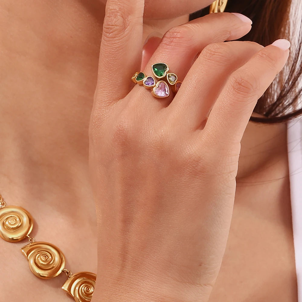 E.B.belle Open Heart Zircon Ring Colorful Hypoallergenic 316L Stainless Steel Decoration 18K Gold Plated Jewelry - YDKM