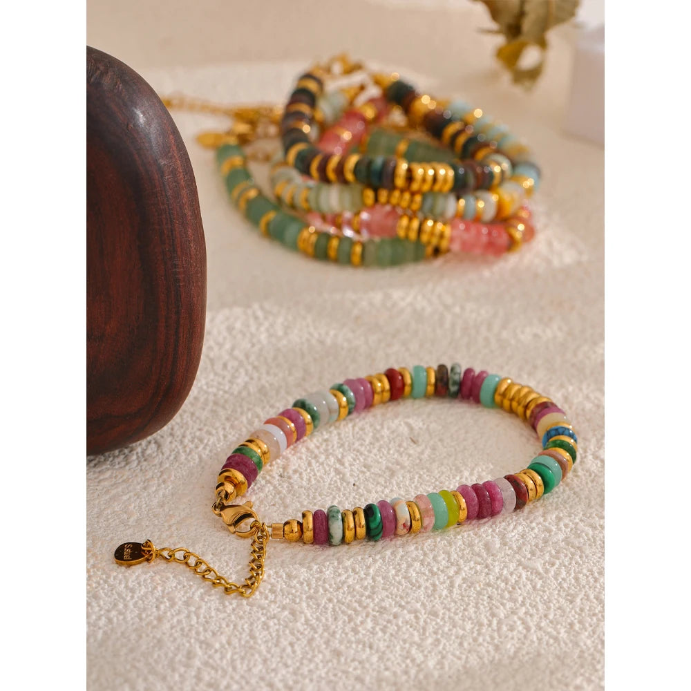 Yhpup Colorful Natural Stone Beads Chain Handmade Bracelet Bangle Waterproof Bohemia Stainless Steel Y2K Trendy Jewelry Gift - YDKM