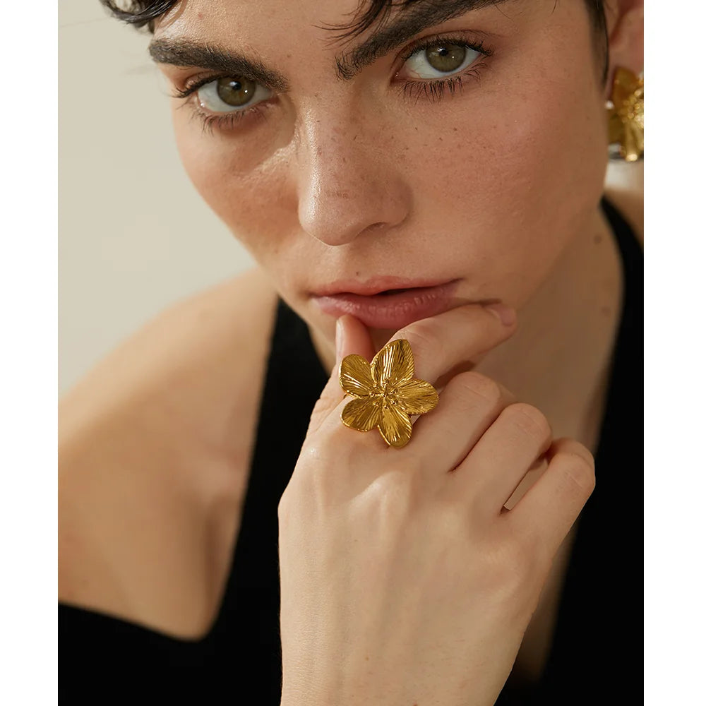 Yhpup Waterproof 18K Gold Color Stainless Steel Flower Big Open Ring for Women Trendy Fashion Party Summer Statement Jewelry - YDKM